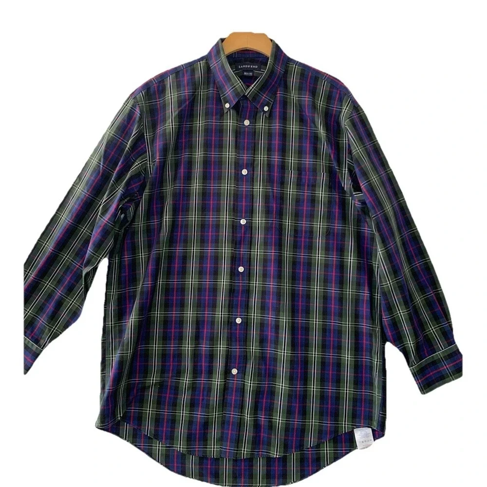 Lands End Mens Plaid Button Down Shirt 16 1/2 32 Blue Green Red Long Sleeve